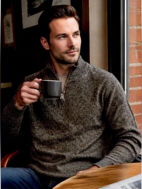 Mens Cashmere Blend Quarter Zip Sweater Large Gray-Black Pullover Soft Knit